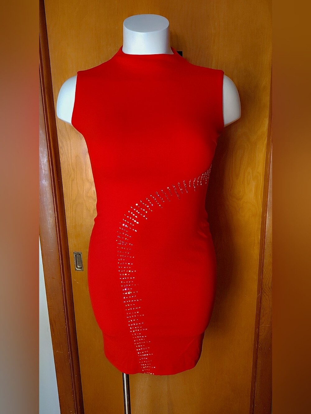 HALSTON Red Rhinestone Embellished Mock Neck Sheath Dress Size 4
